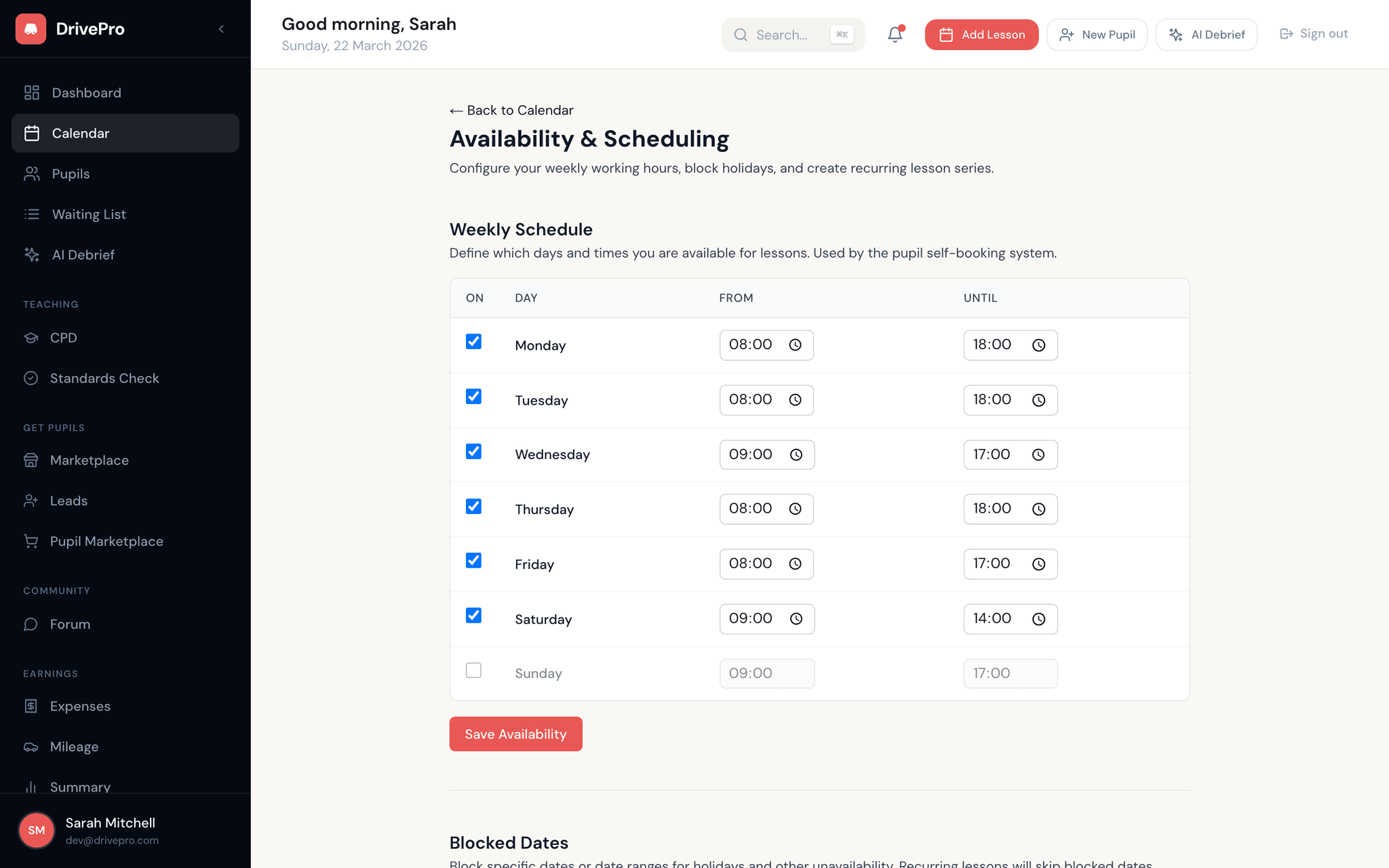 Set your working hours and availability