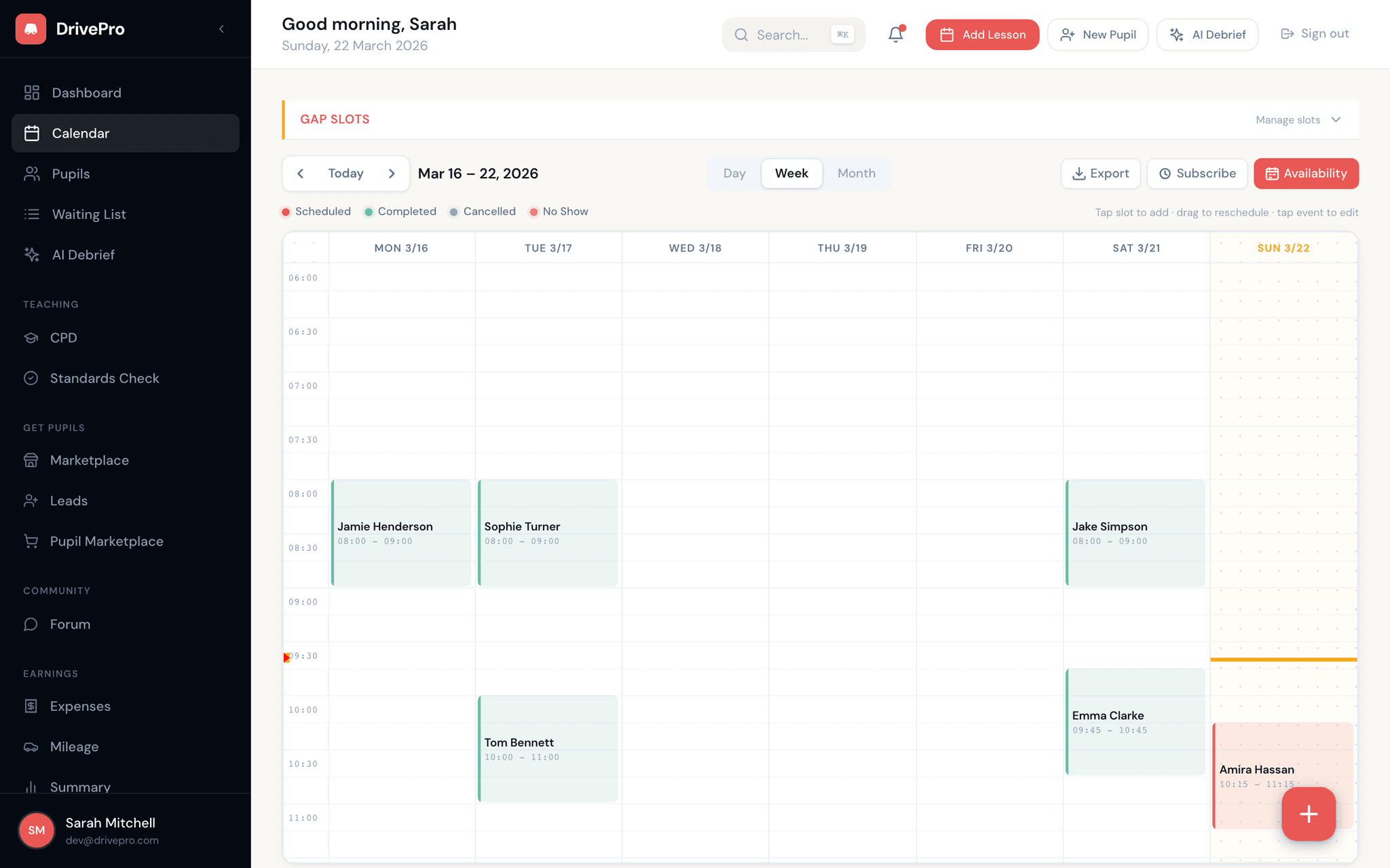 Lesson Calendar screenshot
