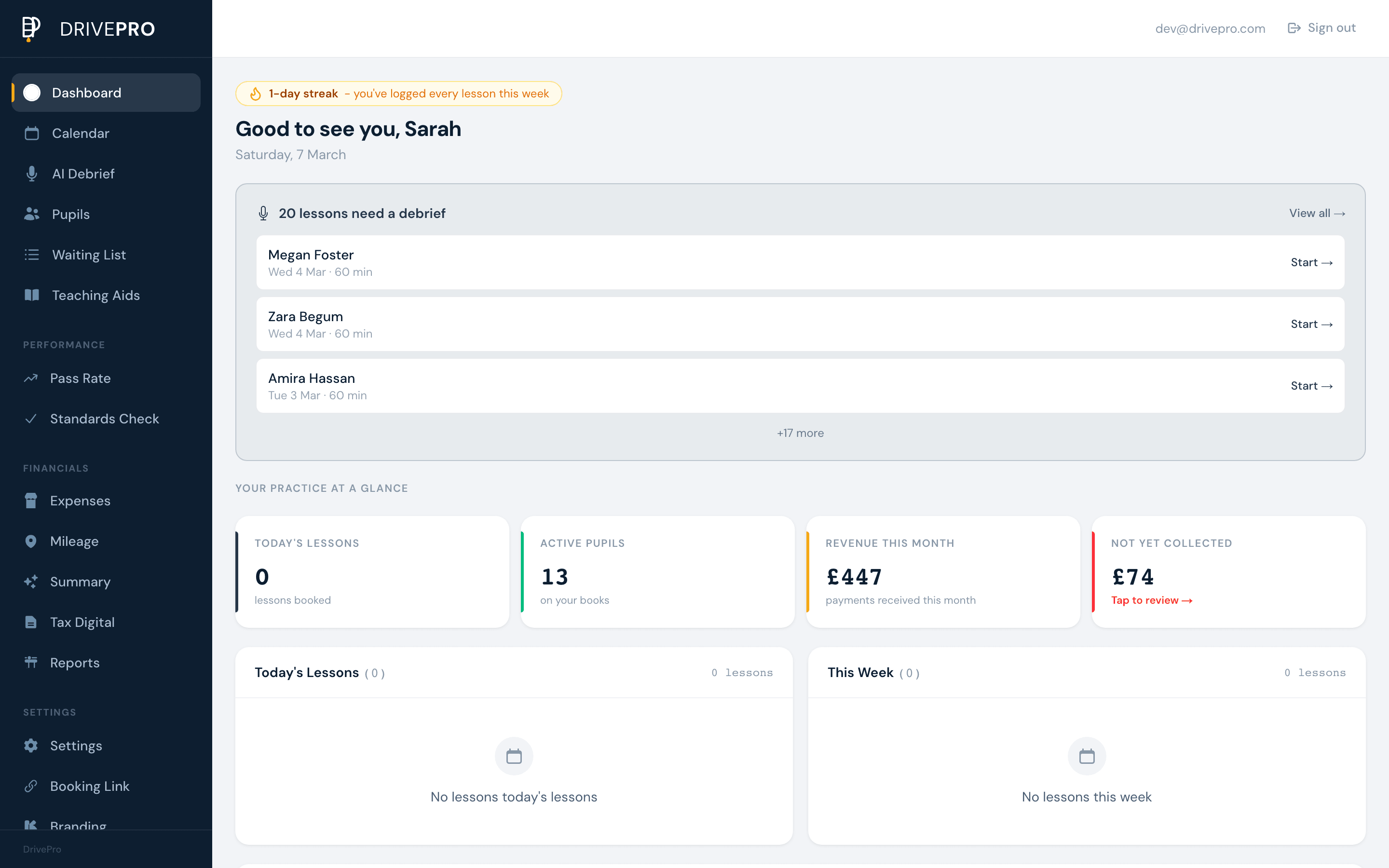 DrivePro instructor dashboard