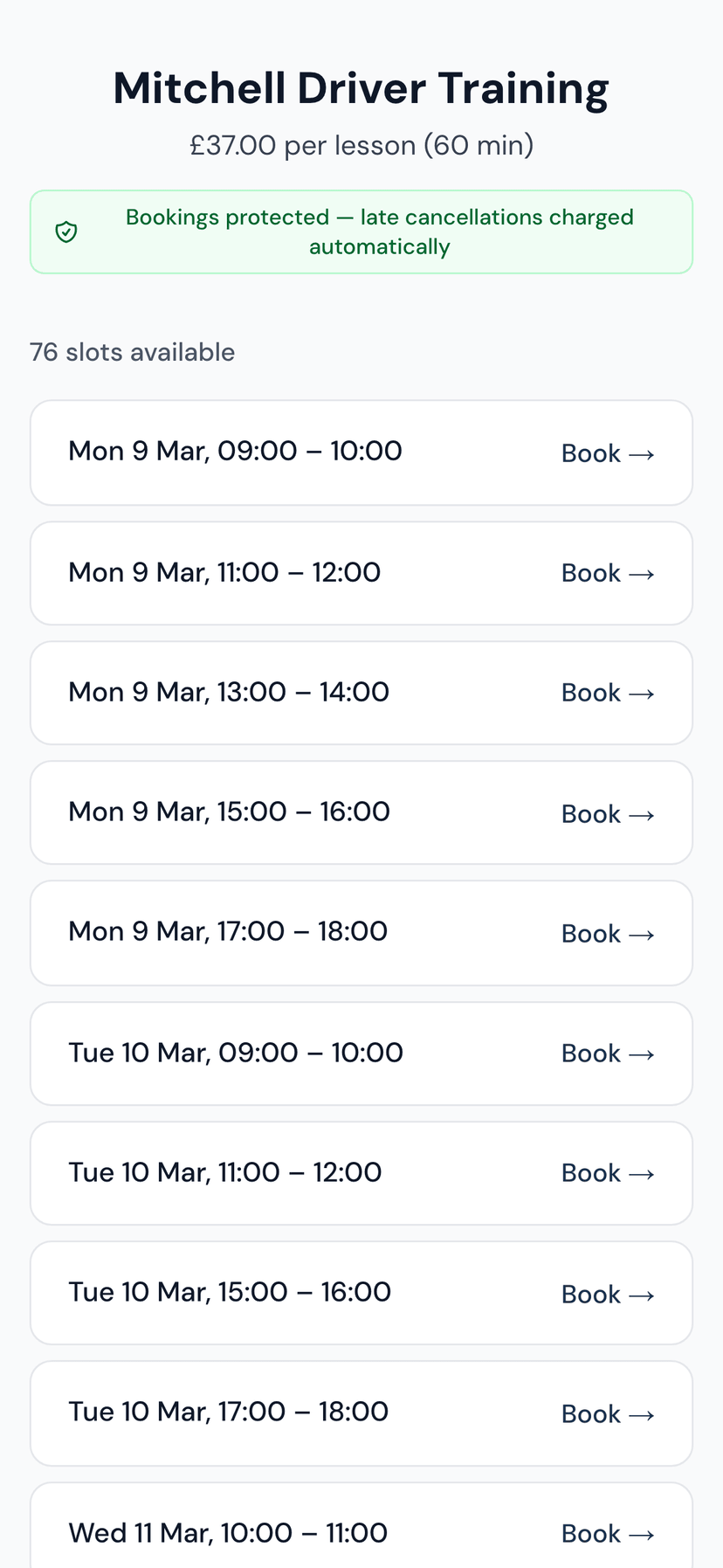 DrivePro online booking on mobile