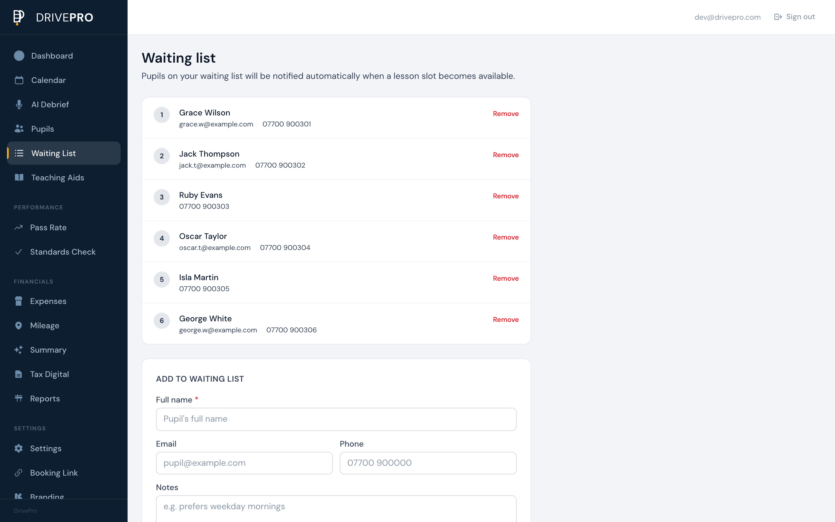 DrivePro waiting list management