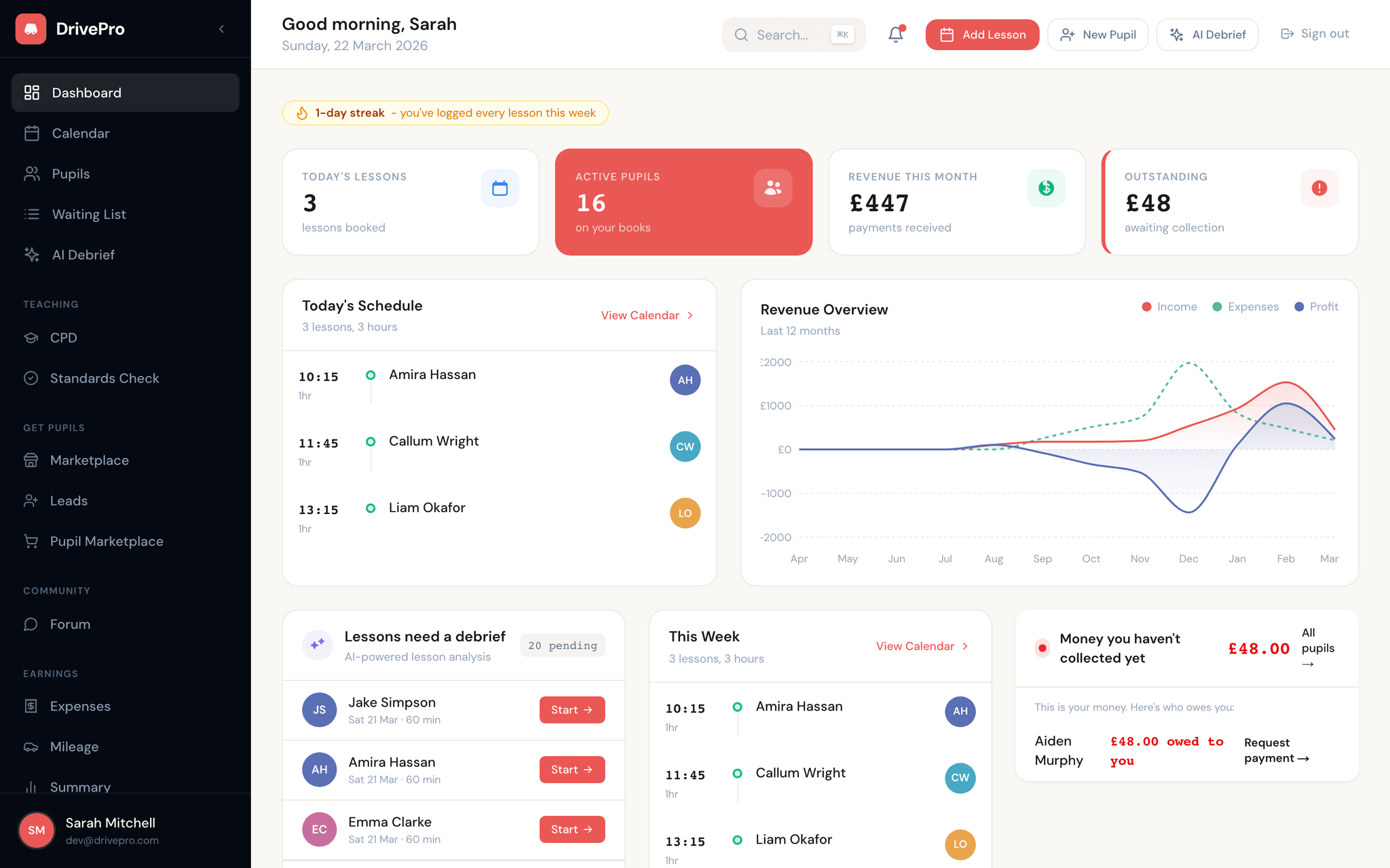 DrivePro driving instructor dashboard showing weekly lesson calendar, pupil list, and payment tracking